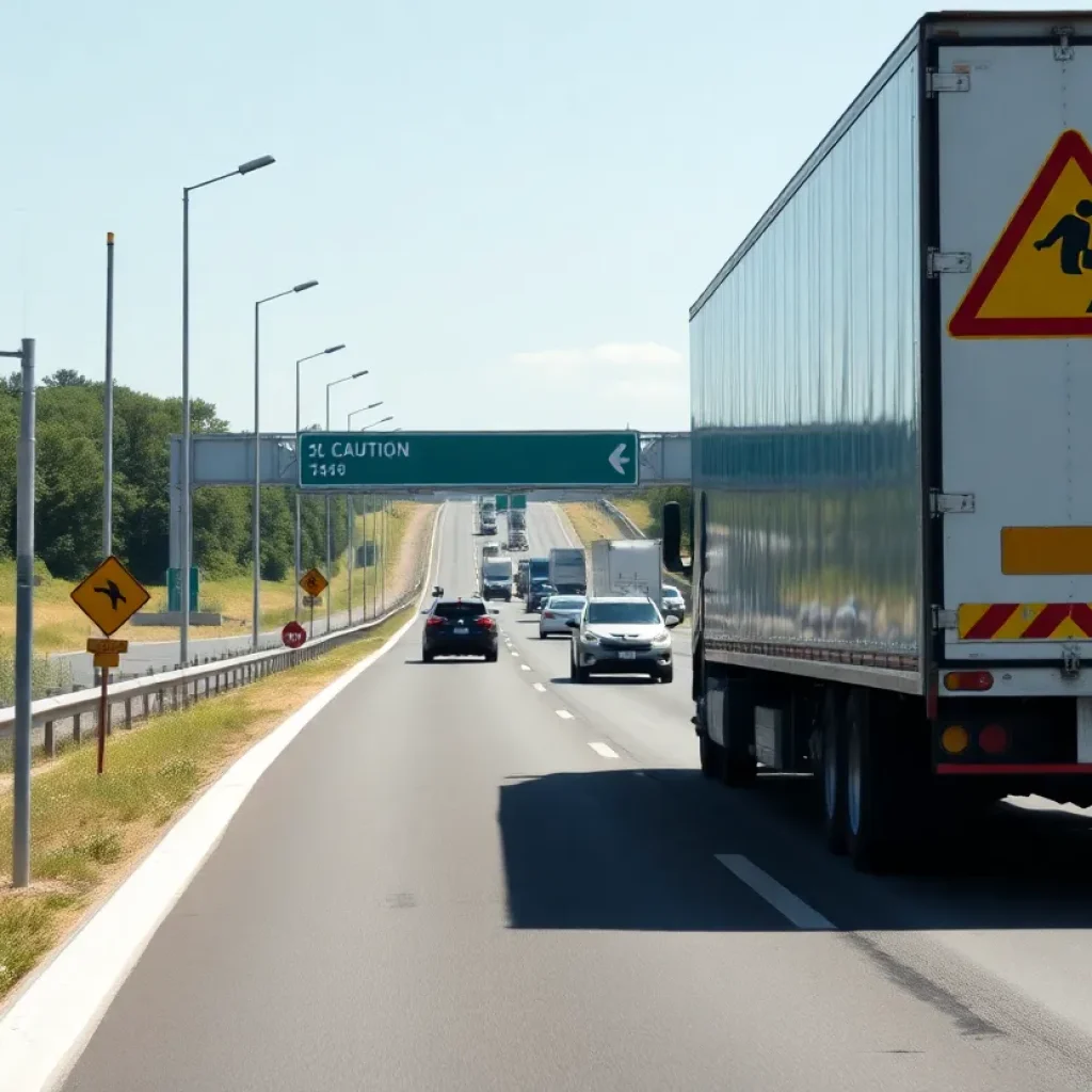 Scene depicting a truck and trailer on a highway with caution signs