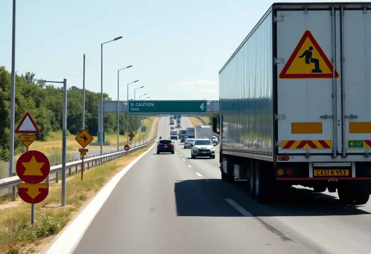 Scene depicting a truck and trailer on a highway with caution signs