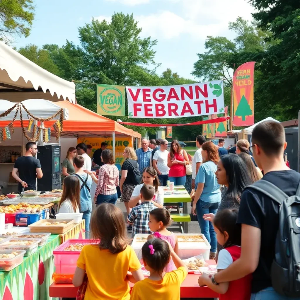 A lively scene from VeganFest in Asheville with diverse attendees and food vendors.