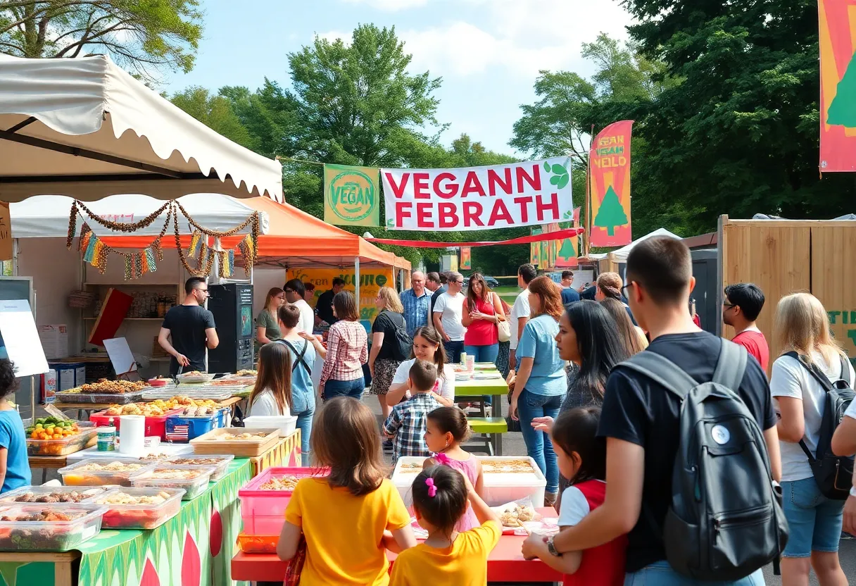 A lively scene from VeganFest in Asheville with diverse attendees and food vendors.