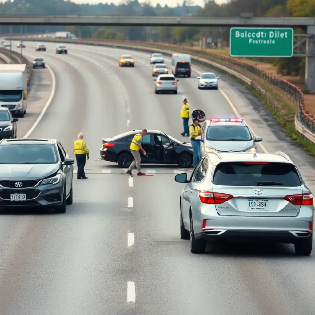 A scene of a highway car crash with emergency responders present.