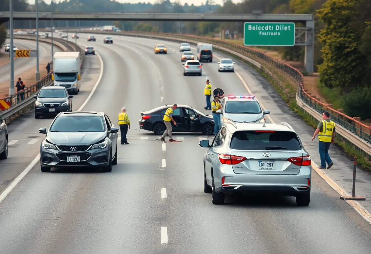 A scene of a highway car crash with emergency responders present.