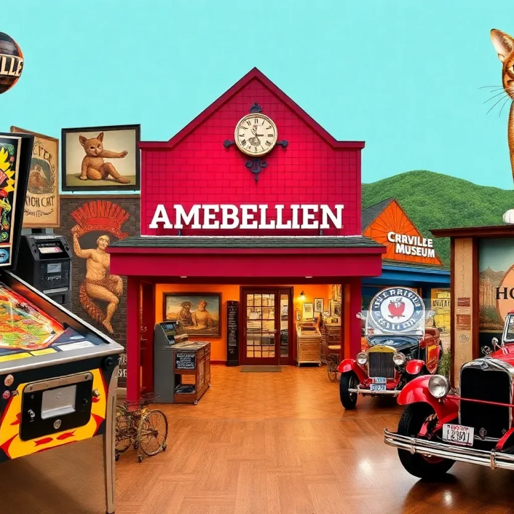 Collage of unique museums in Asheville showing various exhibits