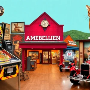 Collage of unique museums in Asheville showing various exhibits