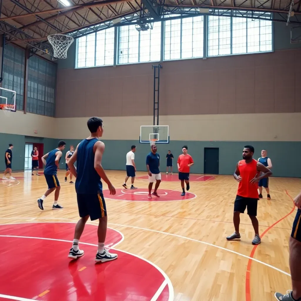 Basketball players practicing on the court with a coach directing