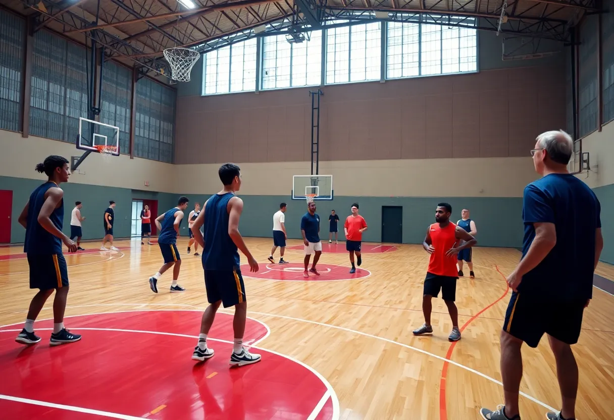 Basketball players practicing on the court with a coach directing