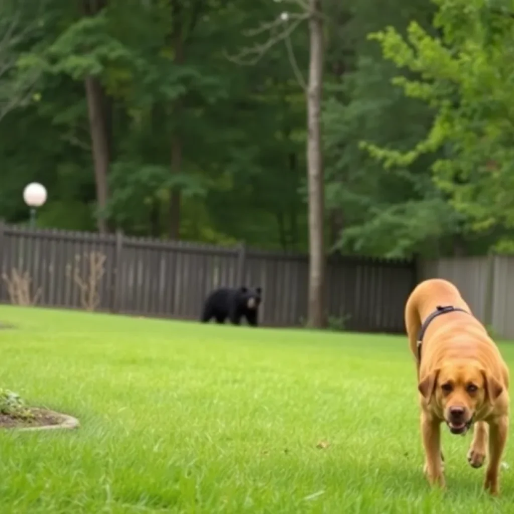 A bear spotted in a residential area in Asheville with dogs watching from a backyard.
