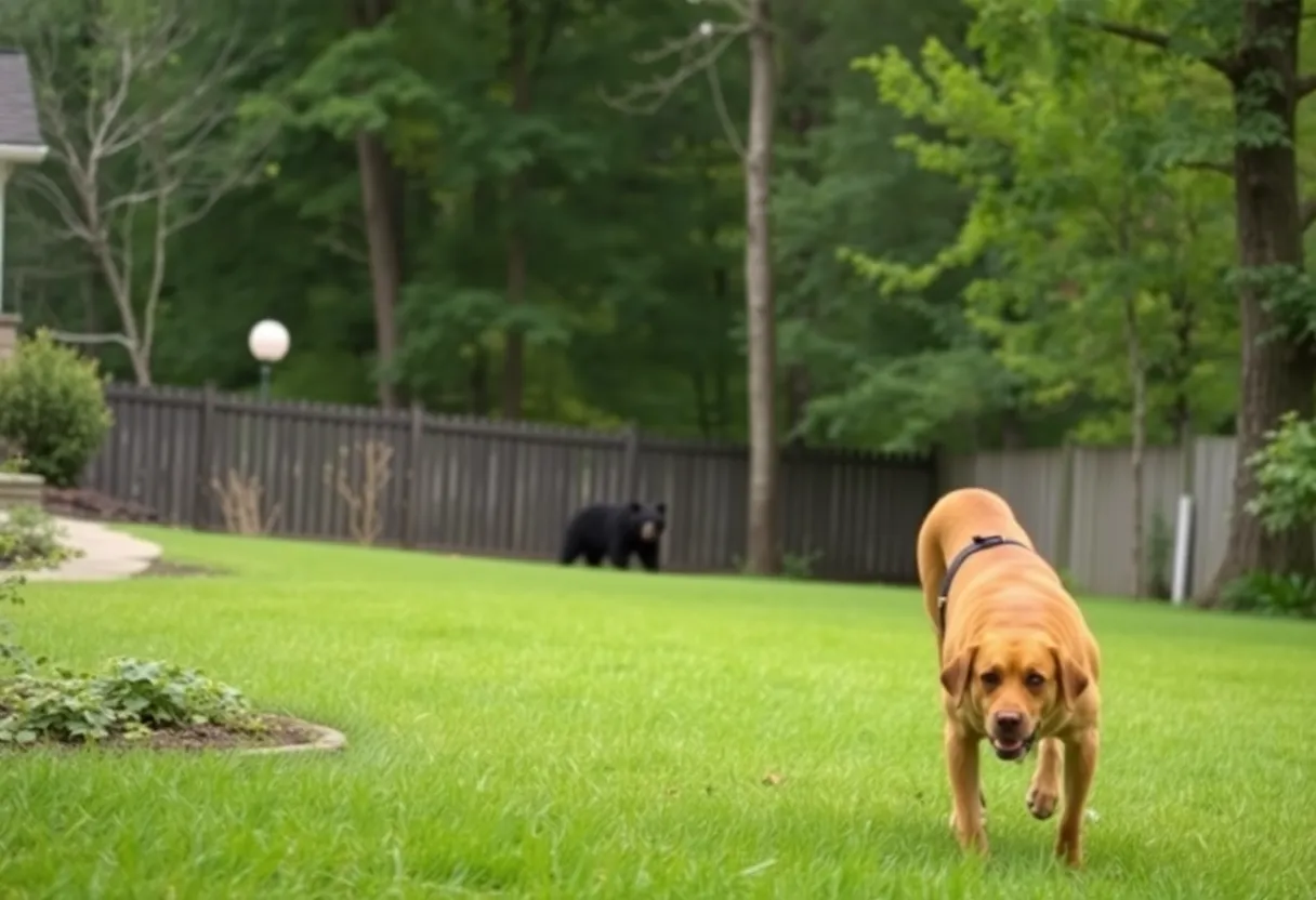 A bear spotted in a residential area in Asheville with dogs watching from a backyard.