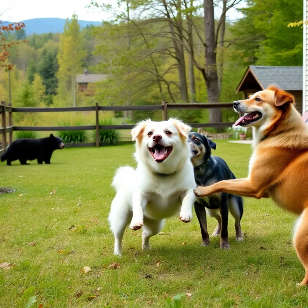 Black bear in an Asheville backyard with three dogs