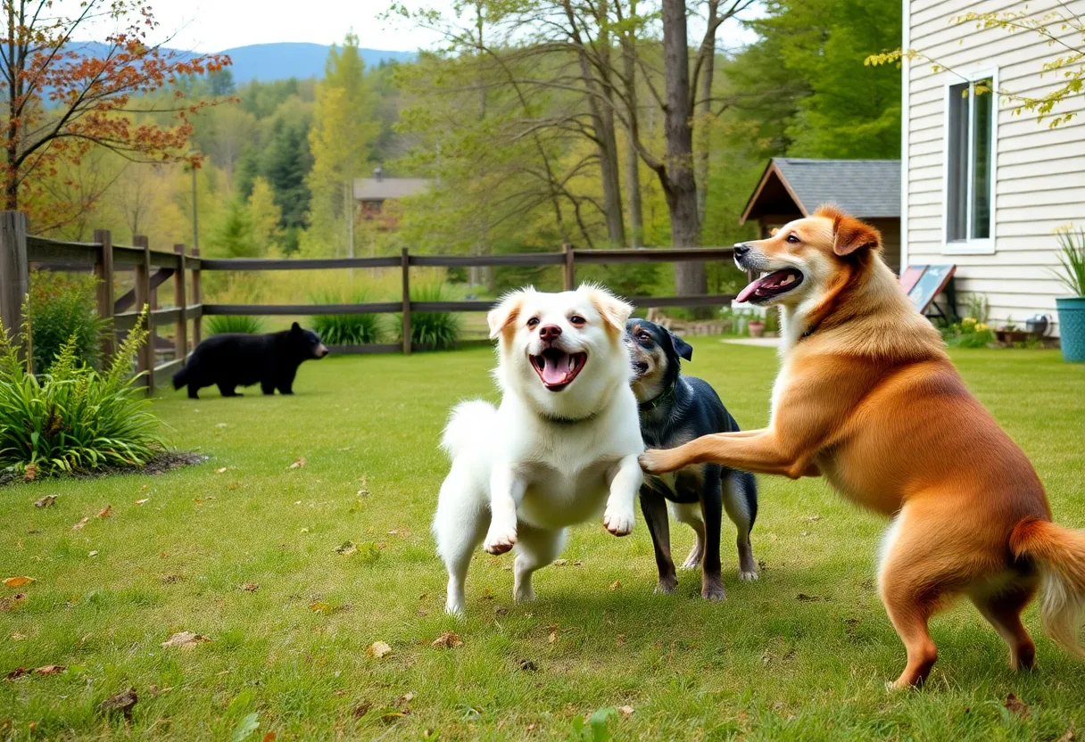 Black bear in an Asheville backyard with three dogs