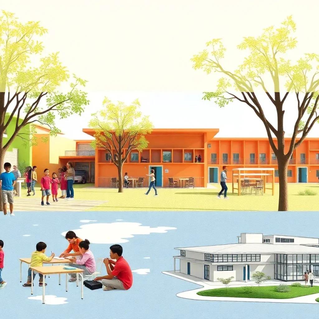 Children playing outside at a school with expansion plans in the background