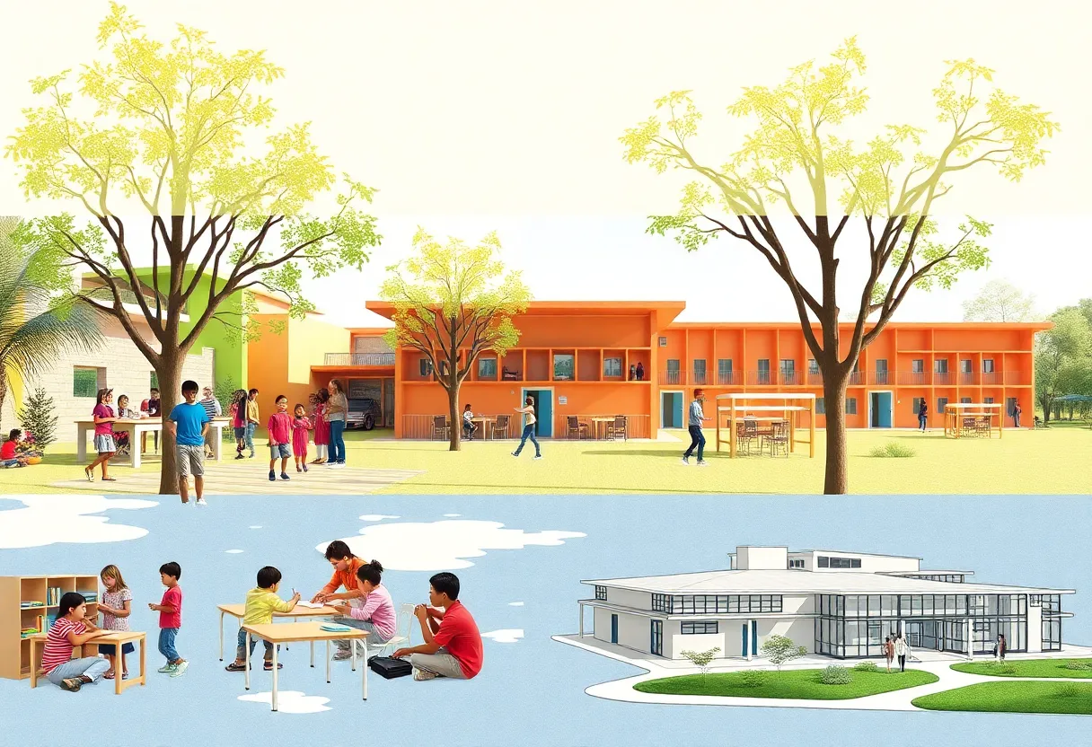 Children playing outside at a school with expansion plans in the background