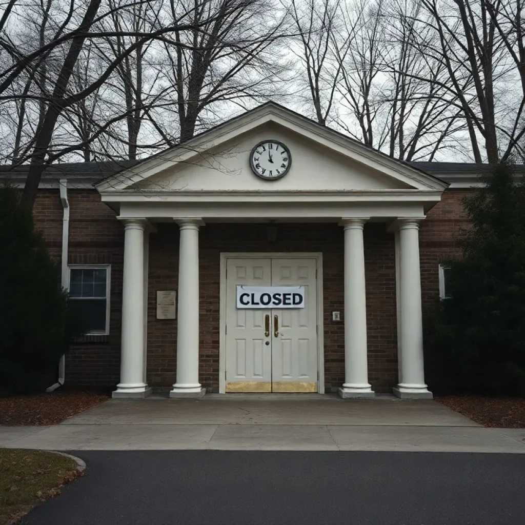 Exterior view of a closed Asheville Academy with a 'Closed' sign.