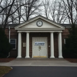 Exterior view of a closed Asheville Academy with a 'Closed' sign.