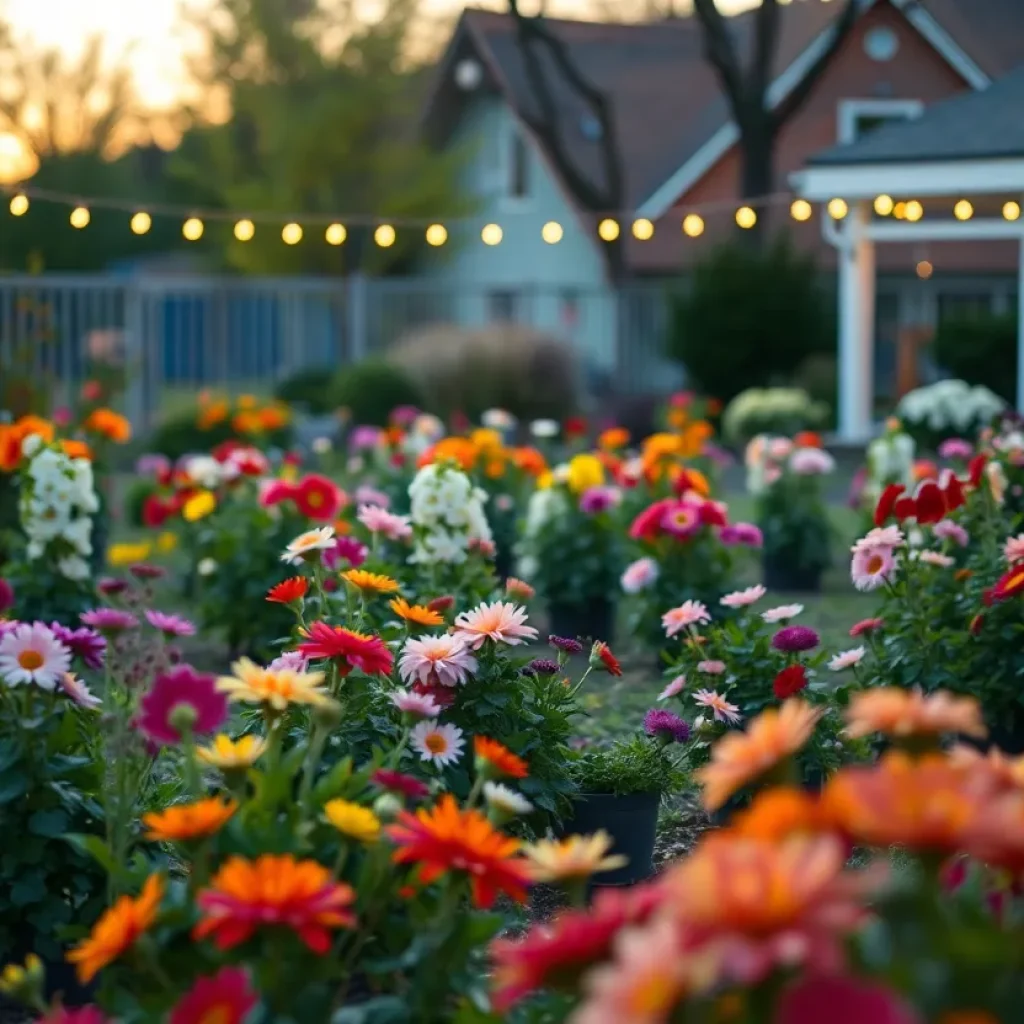 A peaceful community garden in Asheville filled with colorful flowers.
