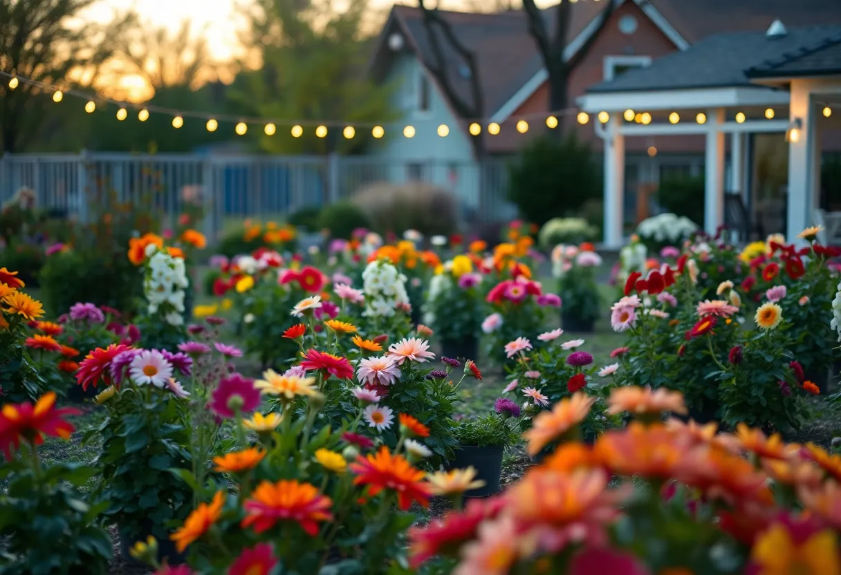 A peaceful community garden in Asheville filled with colorful flowers.
