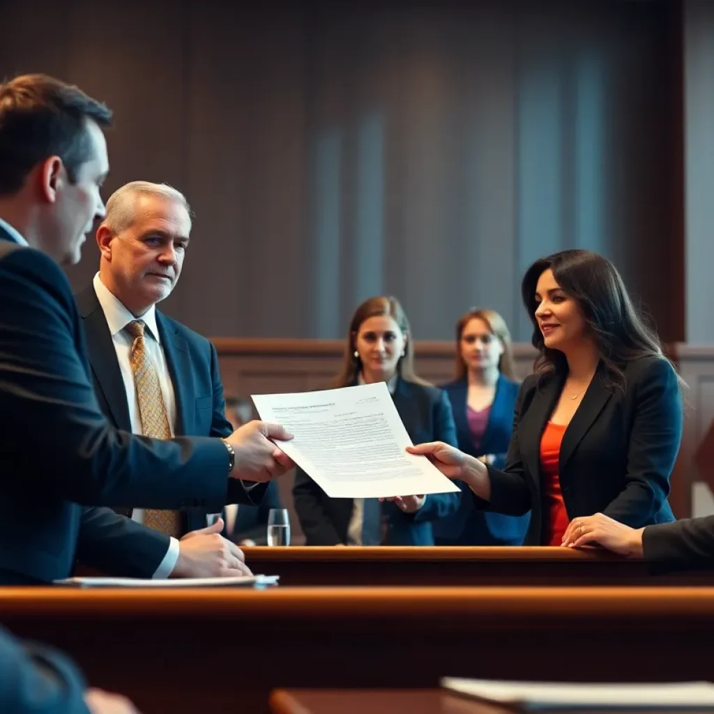 Courtroom scene depicting settlement discussions.