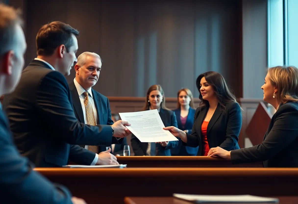 Courtroom scene depicting settlement discussions.