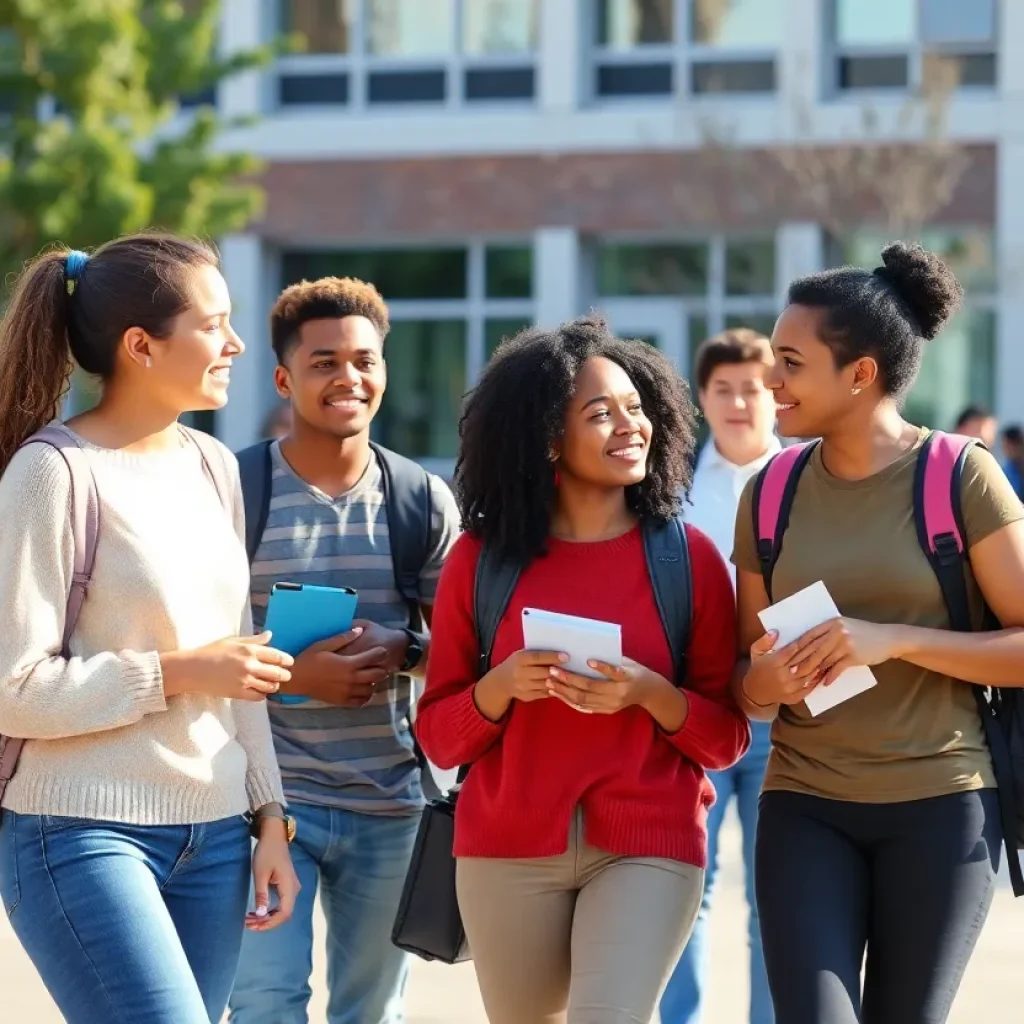 A group of diverse university students engaged in conversation on campus