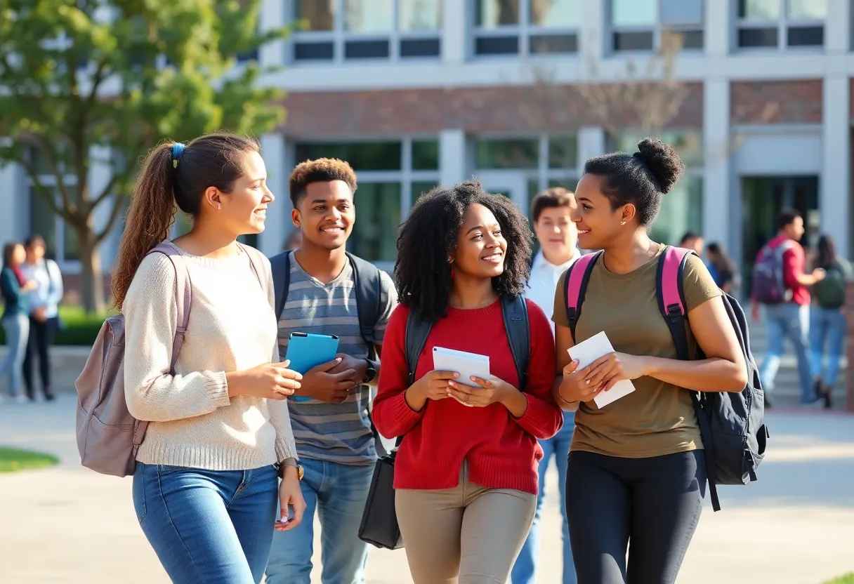 A group of diverse university students engaged in conversation on campus