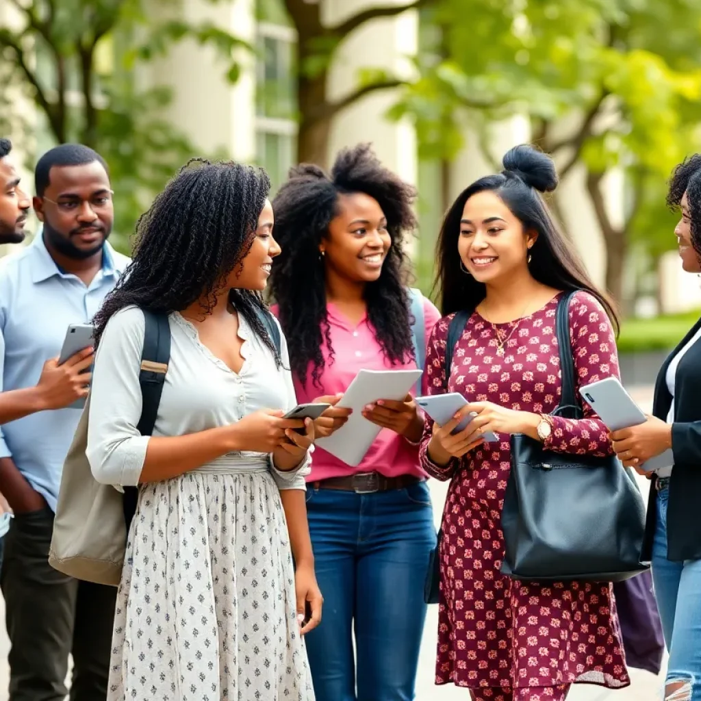 Students representing diverse backgrounds engaging in group work at a university.