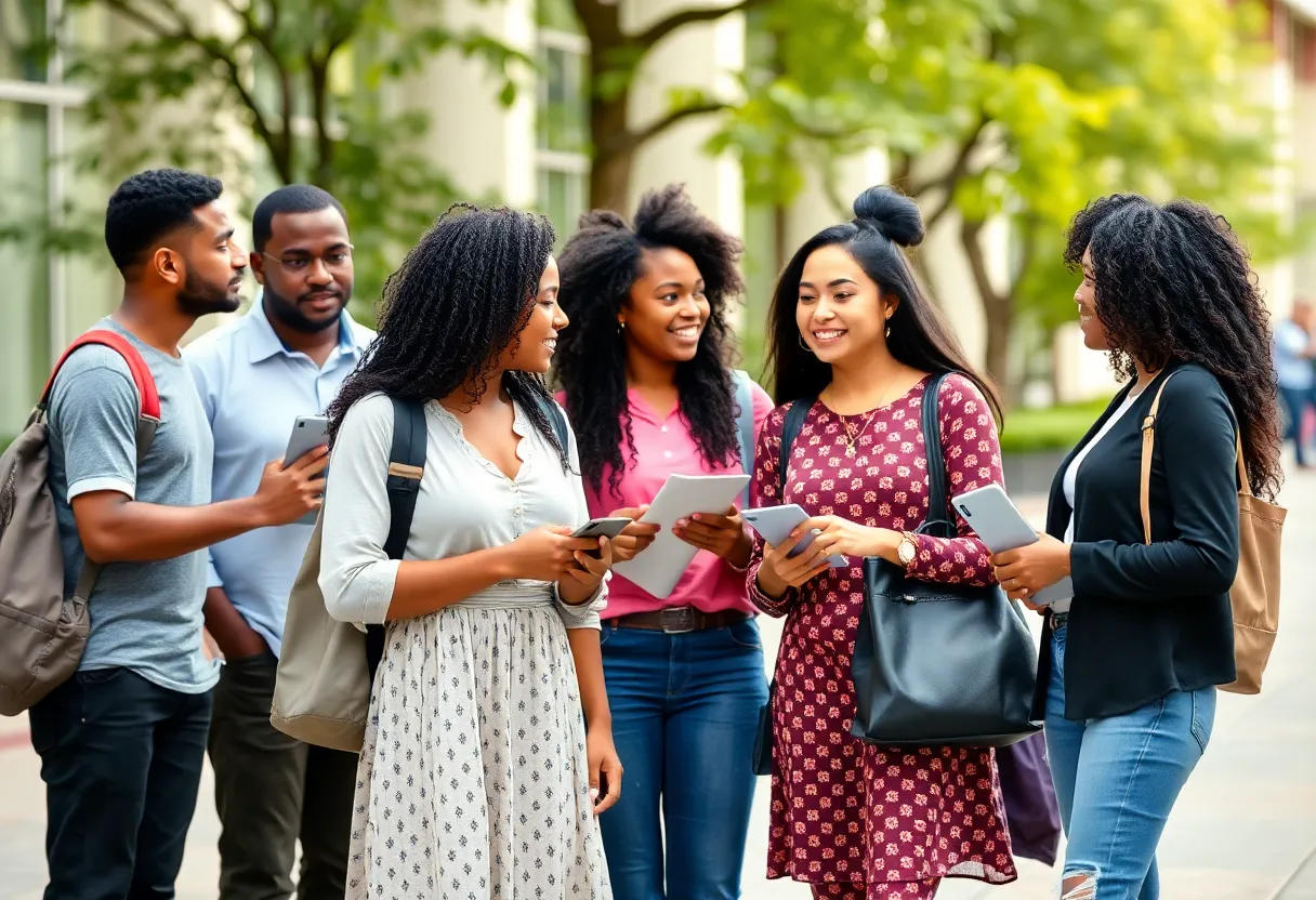Students representing diverse backgrounds engaging in group work at a university.