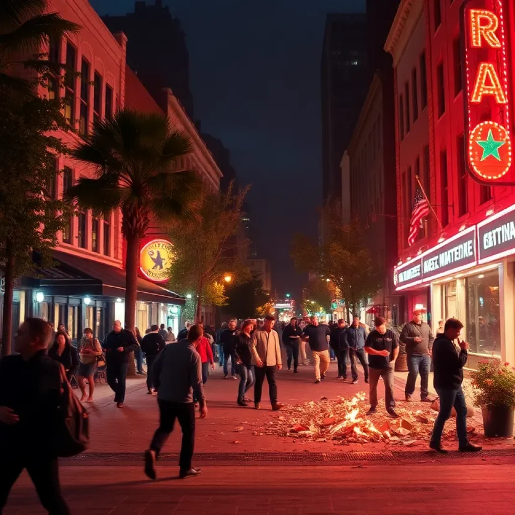 A serene view of downtown Asheville with a hint of chaos in the atmosphere