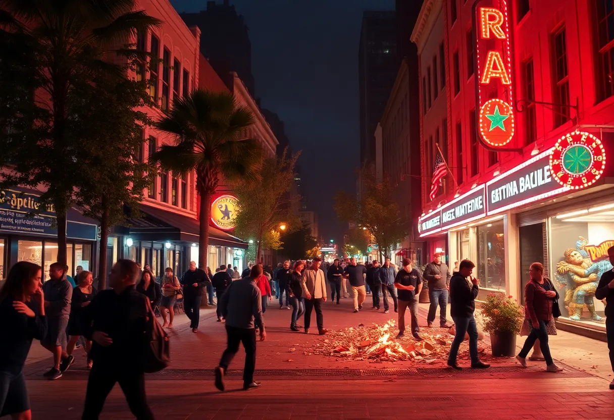 A serene view of downtown Asheville with a hint of chaos in the atmosphere