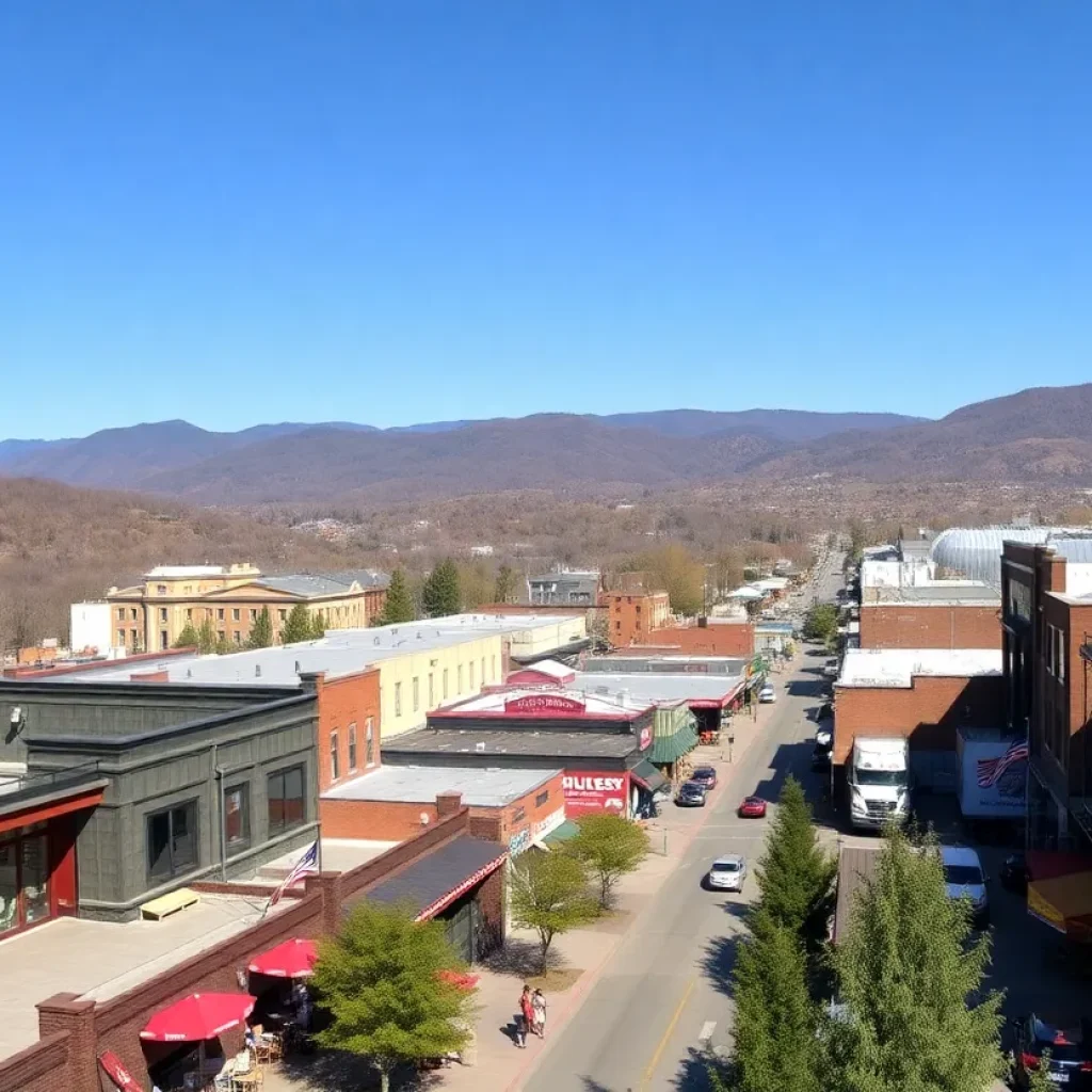 Downtown Asheville bustling with visitors and local businesses in a beautiful mountain setting.