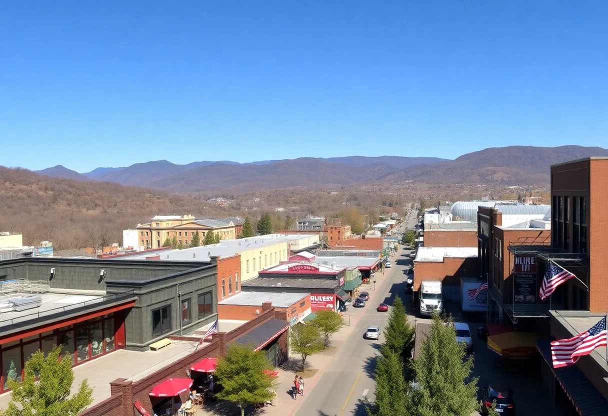 Downtown Asheville bustling with visitors and local businesses in a beautiful mountain setting.