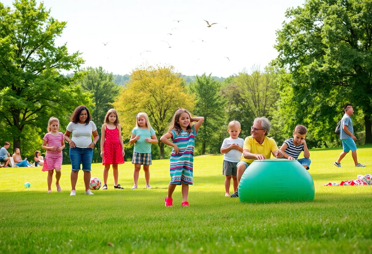 Family activities in a park in Asheville during summer