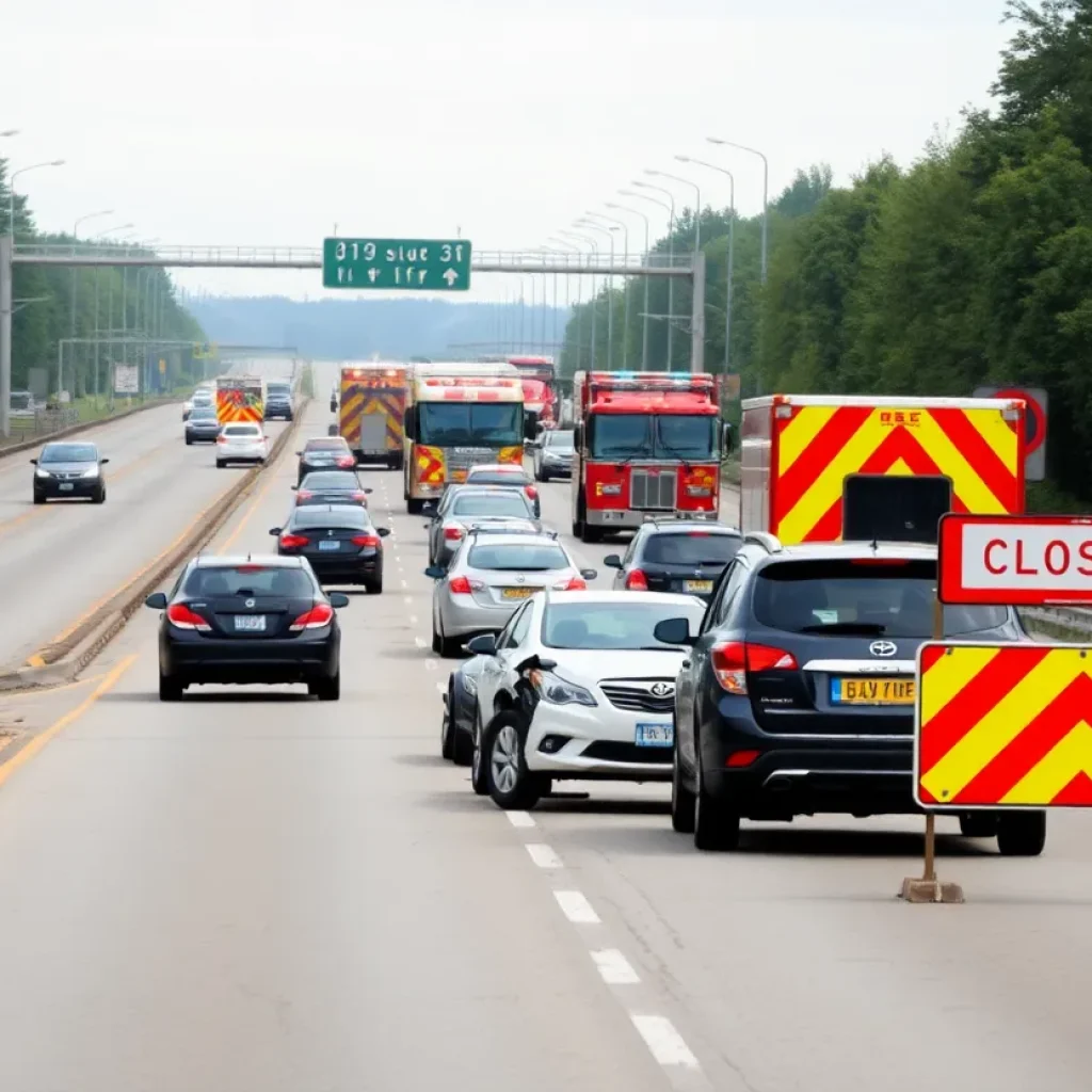 Multiple vehicles in collision on I-26 with emergency services present.