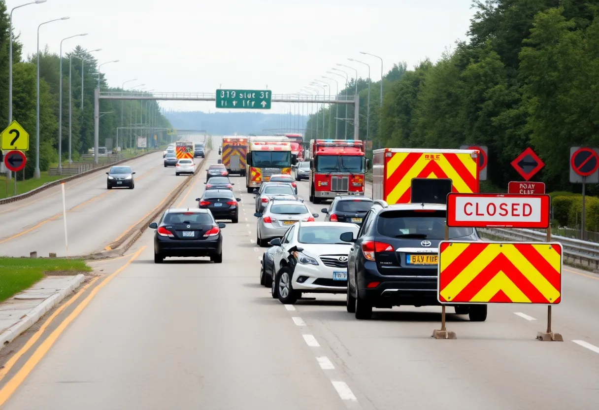 Multiple vehicles in collision on I-26 with emergency services present.