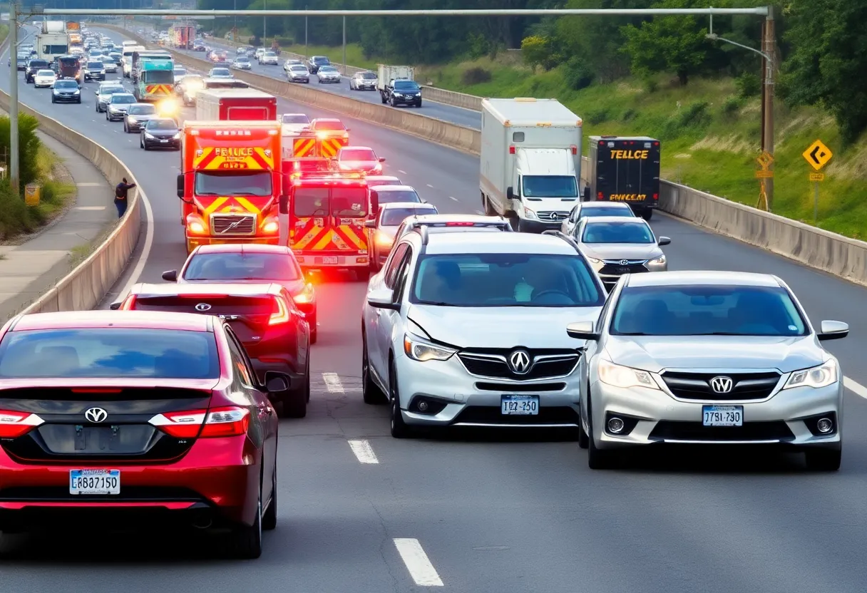 Accident scene on Interstate 26 with multiple vehicles involved.