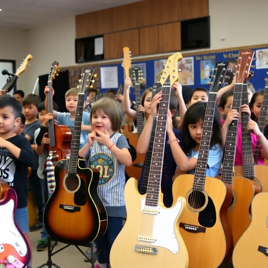 Children participating in a musical instrument donation event at a school.
