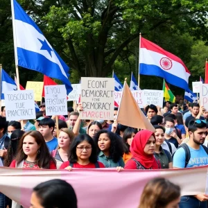 Demonstrators protesting against authoritarianism with banners in a public park