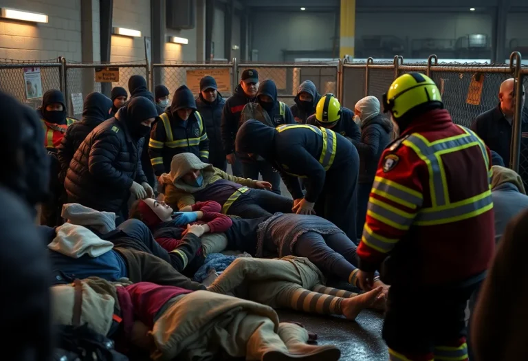 Emergency responders at a homeless shelter after a stabbing incident