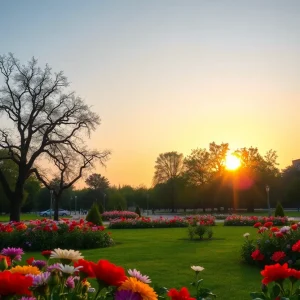 A peaceful park scene during sunset with blooming flowers and tall trees.