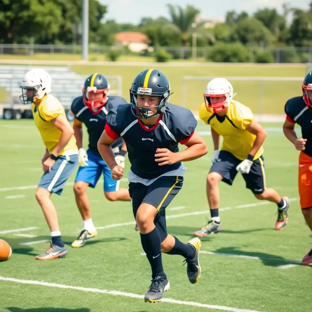 Football players training during summer workouts at Temple University