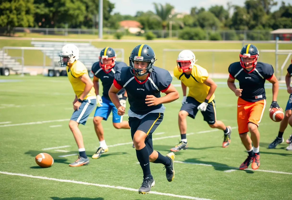 Football players training during summer workouts at Temple University