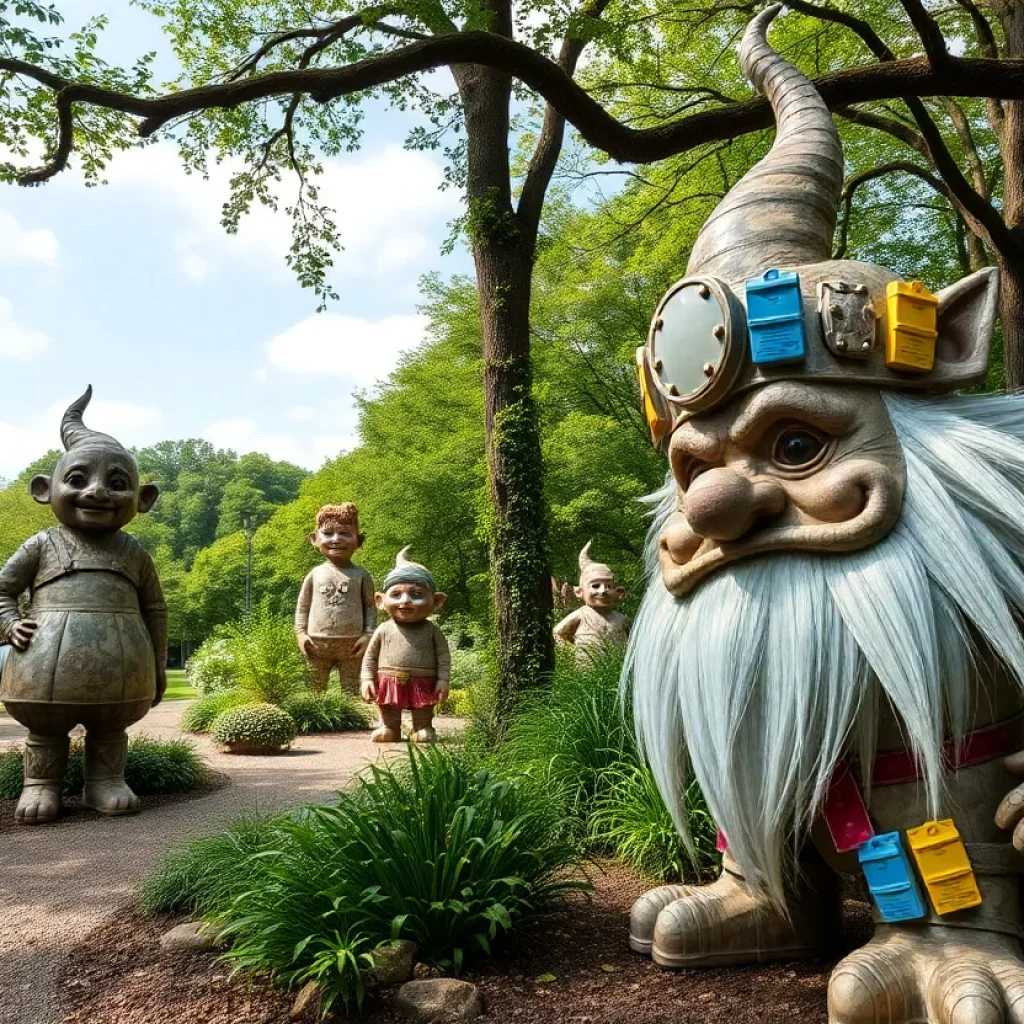 Large troll sculptures made from recycled materials at the North Carolina Arboretum