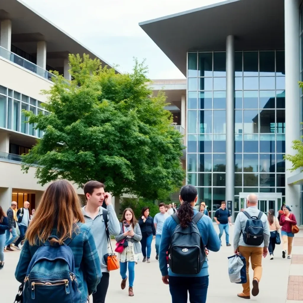 Diverse students at UNC Asheville campus engaging in study and interaction.