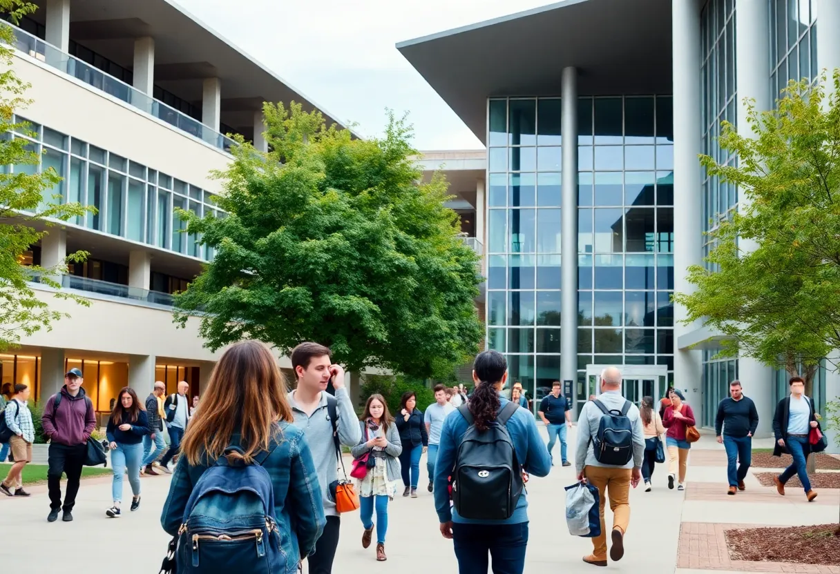Diverse students at UNC Asheville campus engaging in study and interaction.