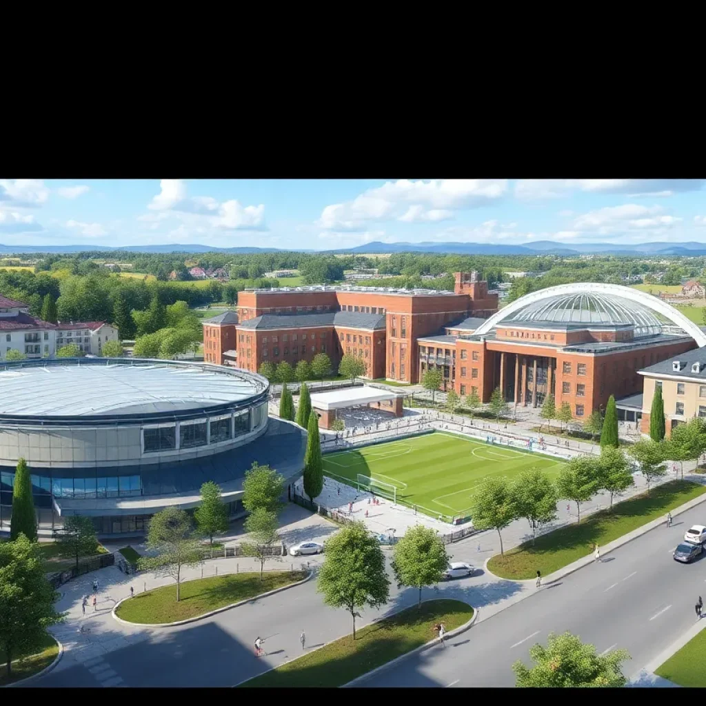 Conceptual design of UNC Asheville's mixed-use development featuring student housing, a soccer stadium, and retail areas.