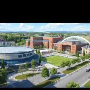 Conceptual design of UNC Asheville's mixed-use development featuring student housing, a soccer stadium, and retail areas.