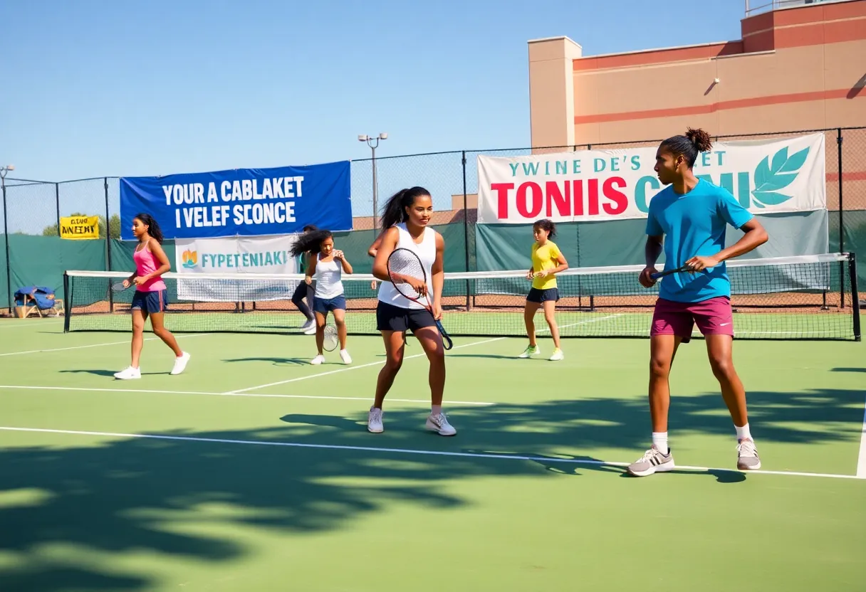 College tennis players practicing on the court at UNC Asheville