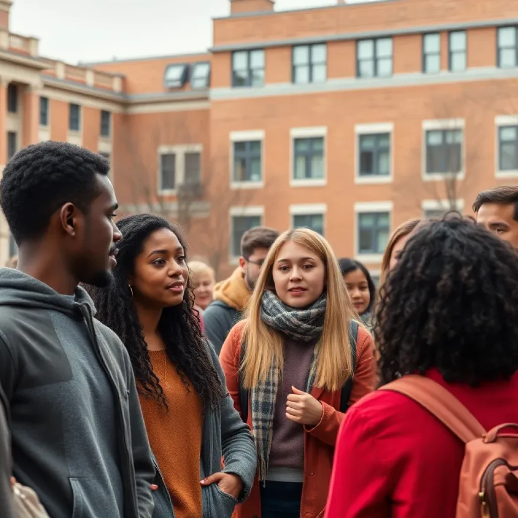 Students engaging in discussions about diversity and inclusion at a university campus.