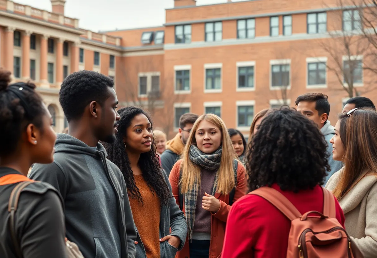 Students engaging in discussions about diversity and inclusion at a university campus.