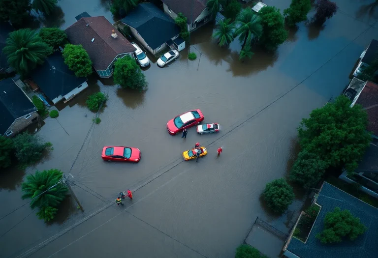 Flooded streets in Wheeling with emergency rescue teams