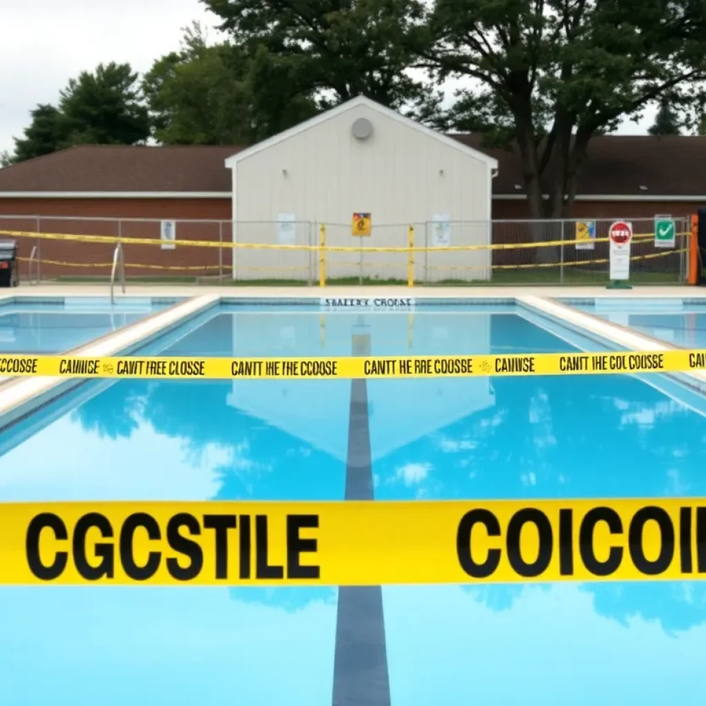 Empty Asheville community pool with safety precautions in place